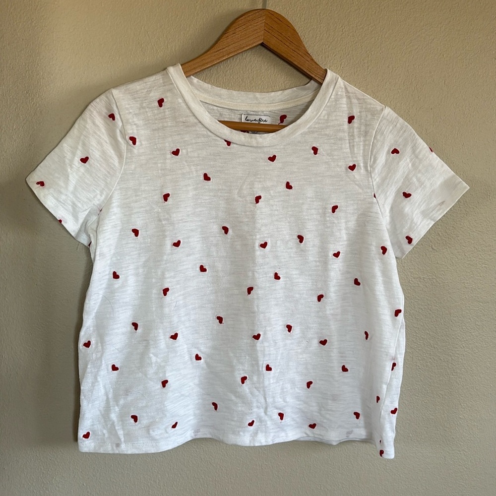 love, Fire White Crop Top with Red Heart Print
